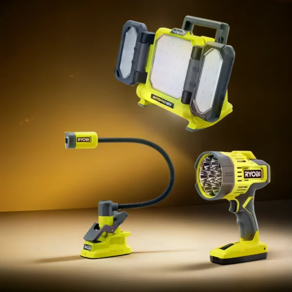 Unleash Superior Lighting with Ryobi ONE+ 18V 3-Tool Lighting Kit PCL1308B | Hybrid Panel, Spotlight, Flexible Clamp Light (Tools Only)