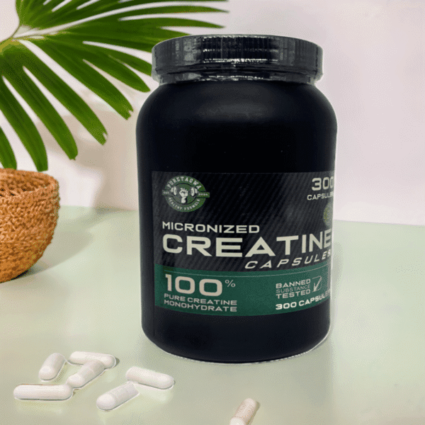 Black container of creatine capsules